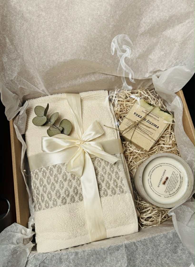 Dovanų rinkinys rankų darbo muilas, natūrali žvakė, organinės medvilnės rankšluostis. Dovanų rinkinys.