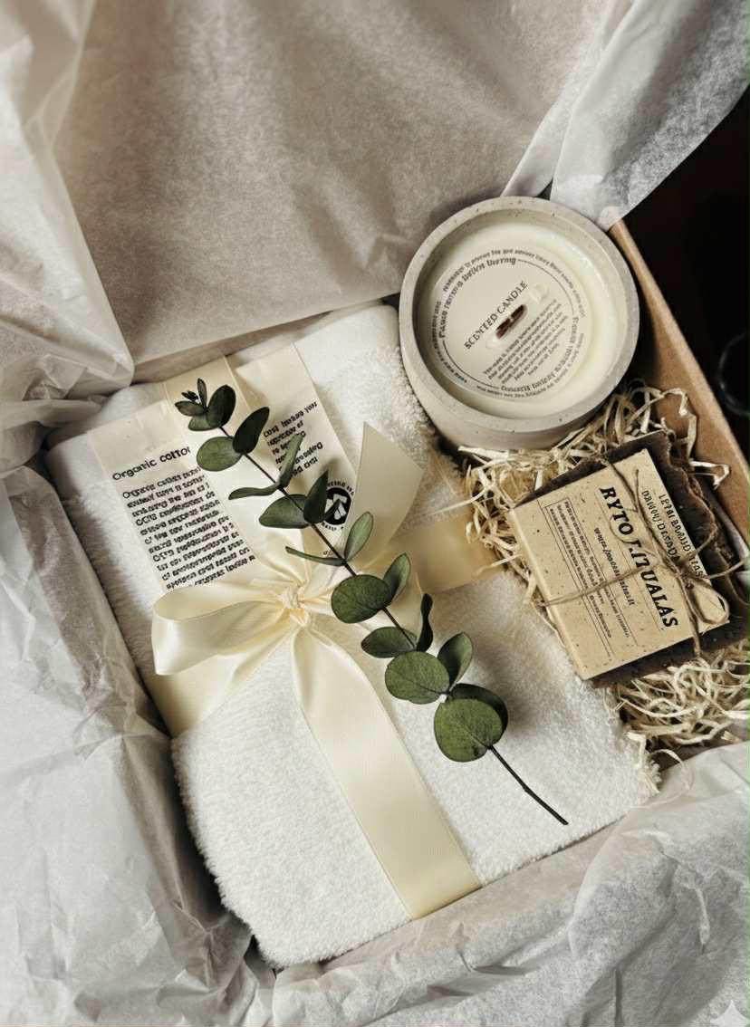 rinkinys jautriems tylos pauzė rankų darbo muilas, natūrali žvakė, organinės medvilnės rankšluostis. Dovanų rinkinys.
